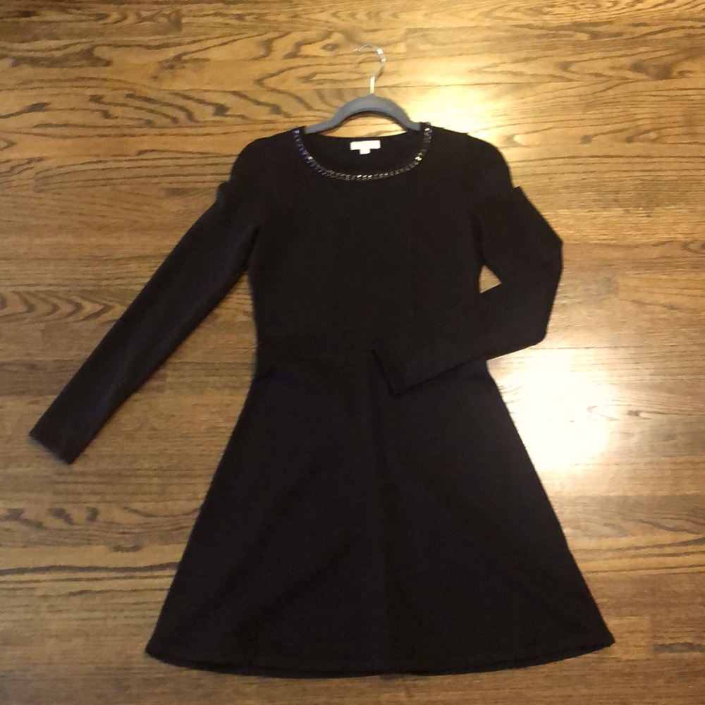 Shoshanna Black Long-Sleeve Mini Dress with Beaded Neckline